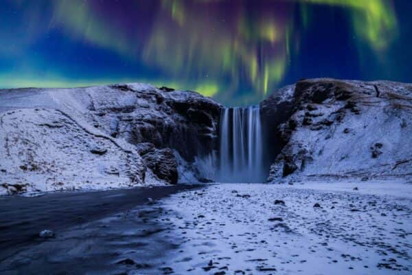 Skogafoss Wasserfall Island Winternacht