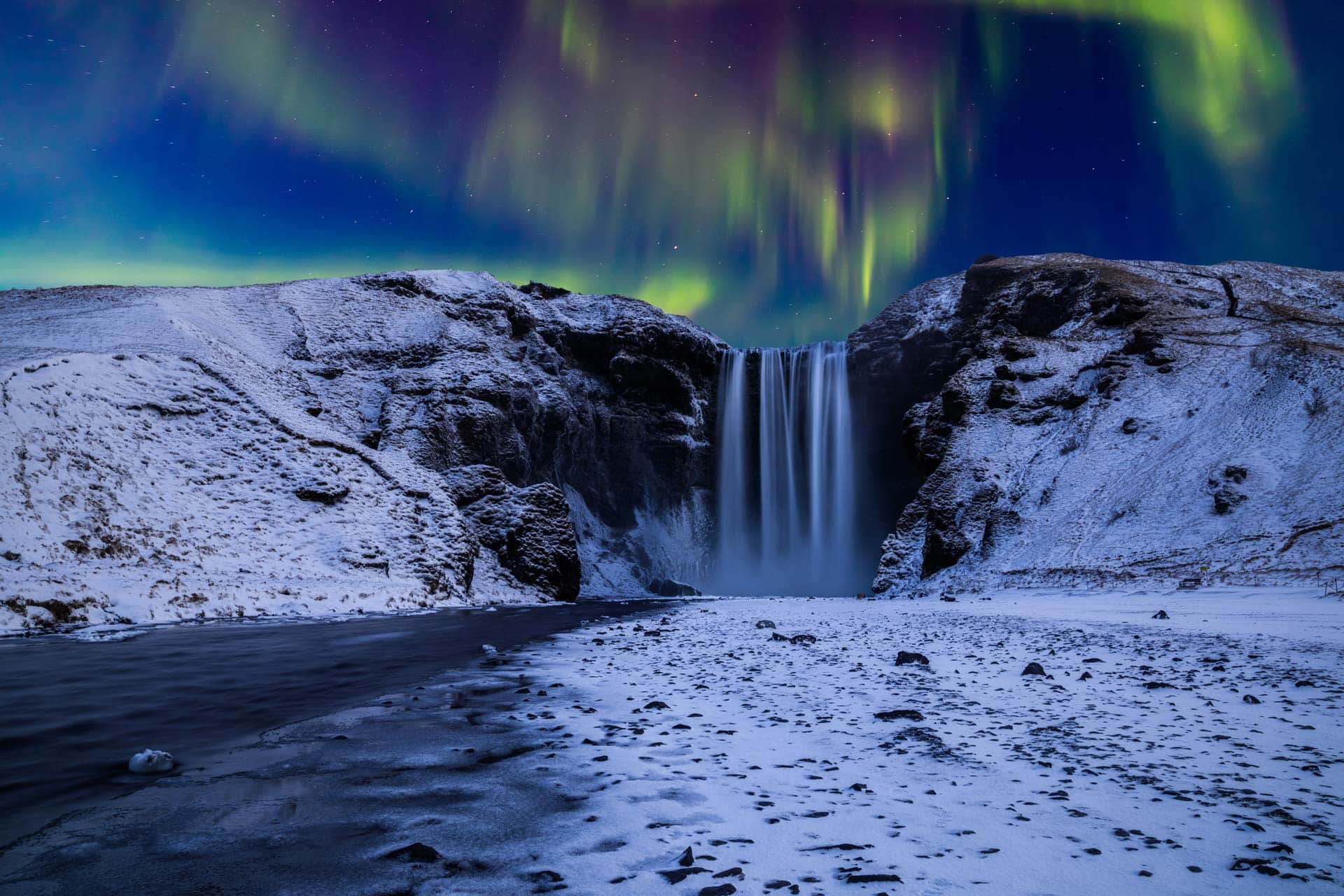 Skogafoss Wasserfall Island Winternacht