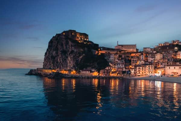 Aerial view of Scilla by night. Calabria, Italy.