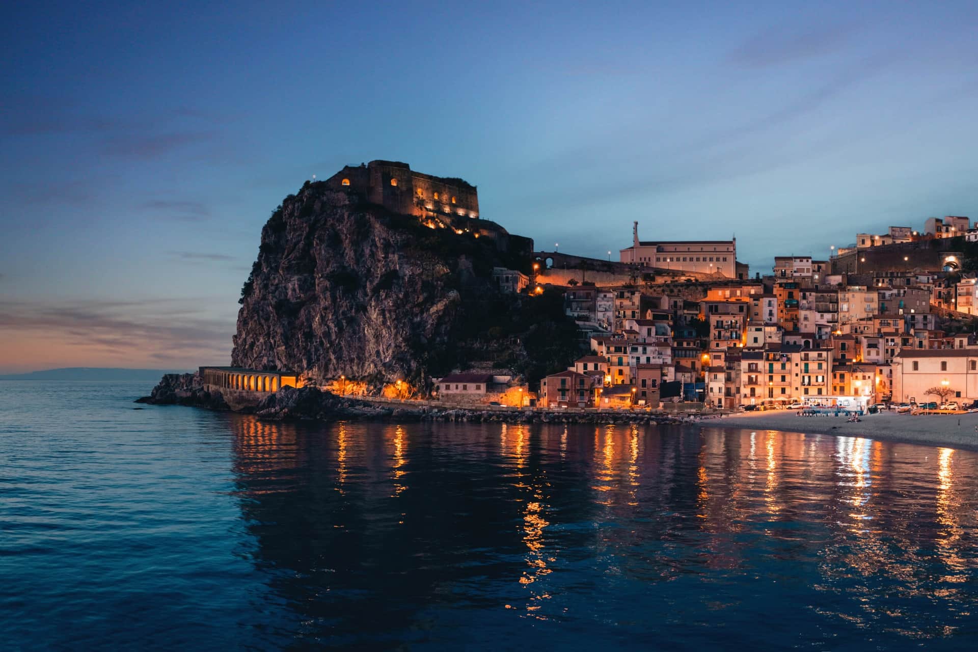 Aerial view of Scilla by night. Calabria, Italy.